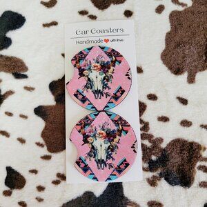 Bull Skull Western Pink Neoprene Car Coaster Set